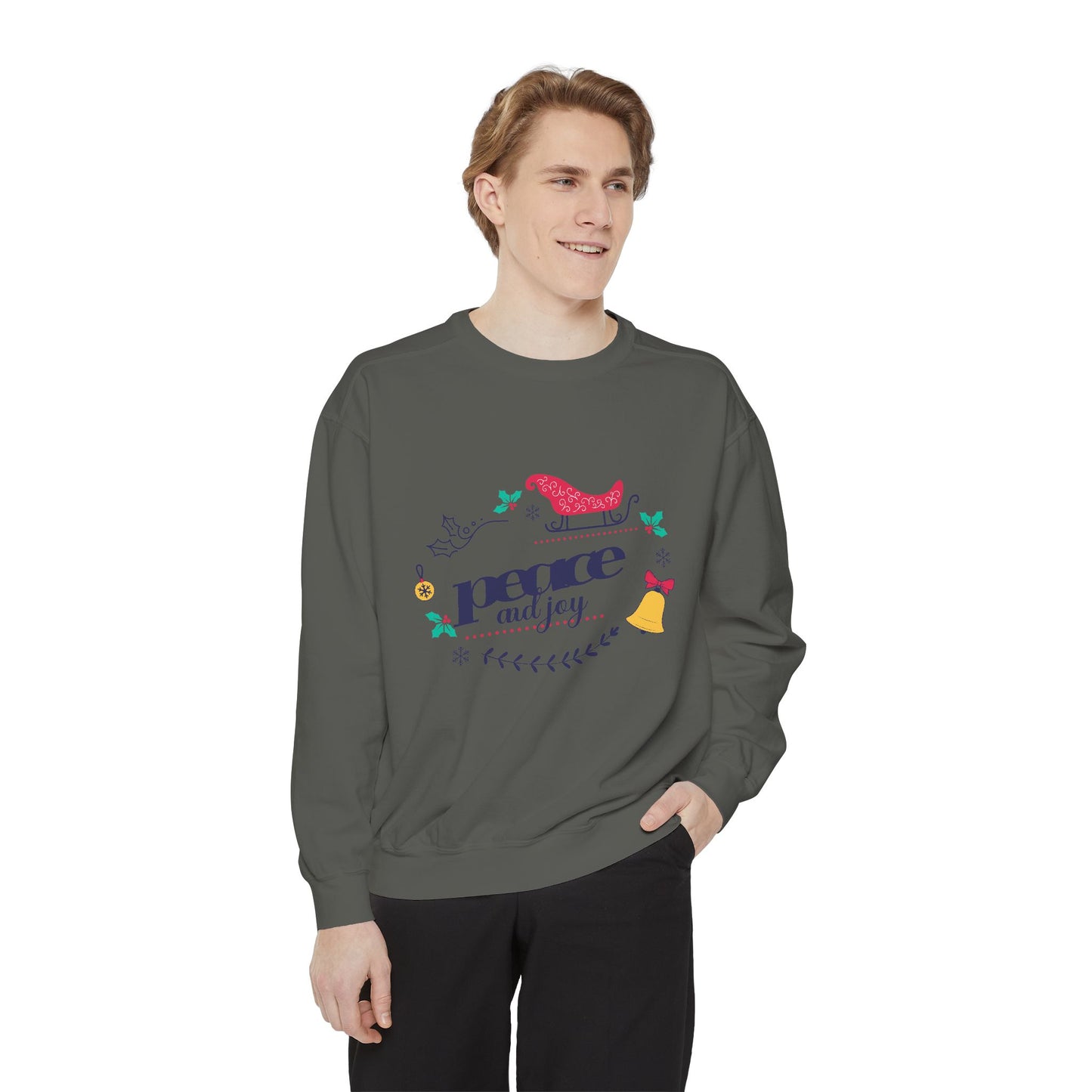 Peace and Joy Sweatshirt – Holiday Dove & Bell Graphic
