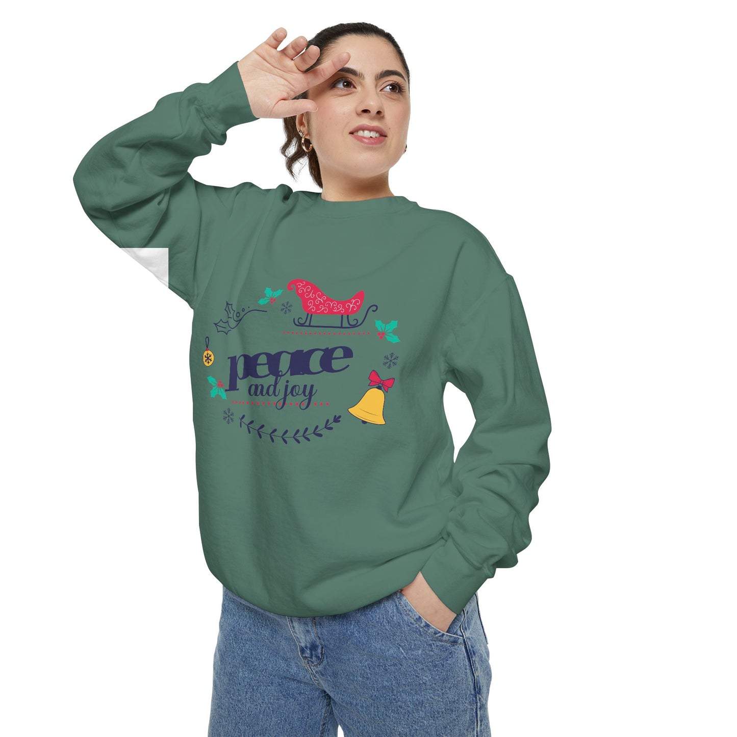 Peace and Joy Sweatshirt – Holiday Dove & Bell Graphic