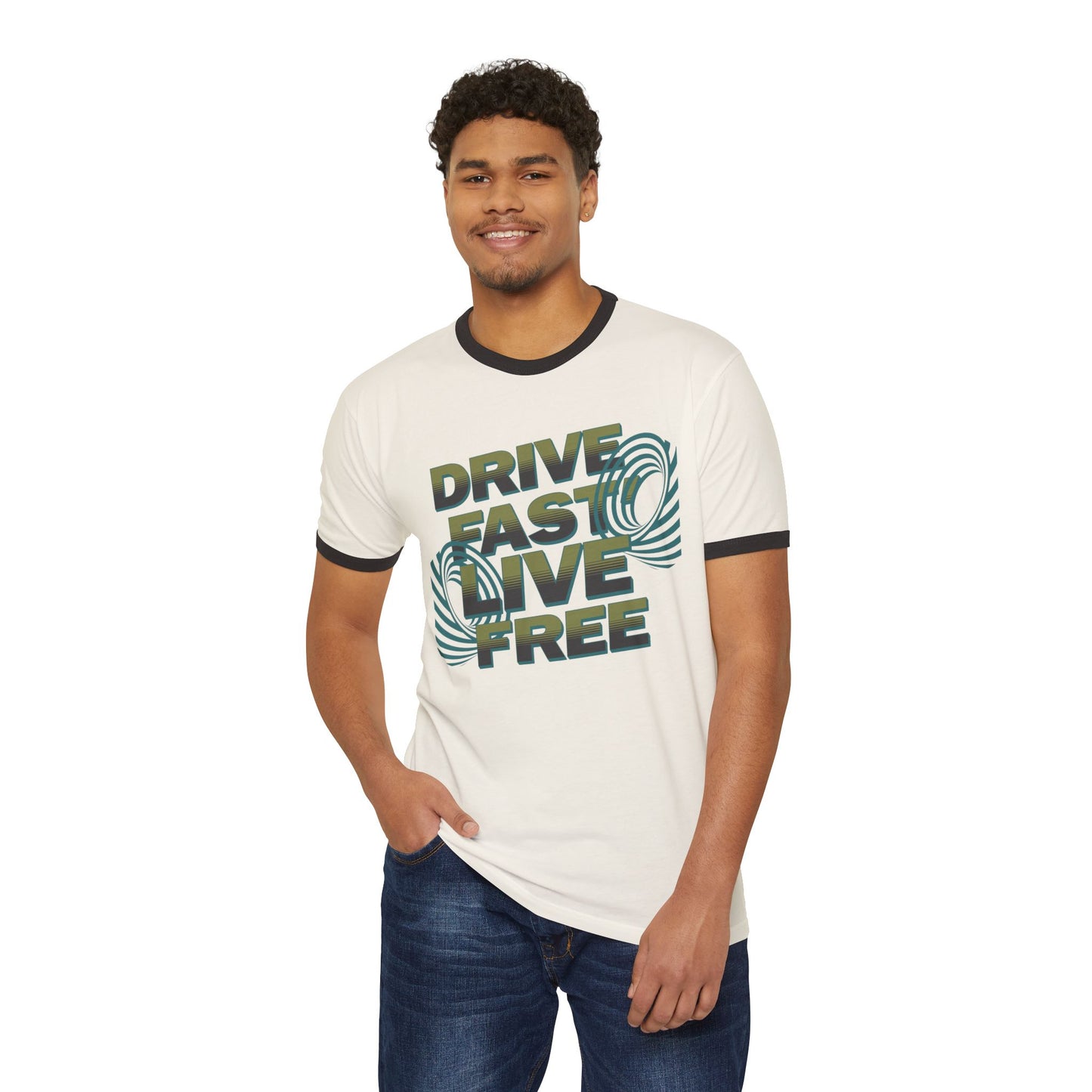 Drive Fast Live Free Ringer T‑Shirt — Retro Racing Graphic Tee