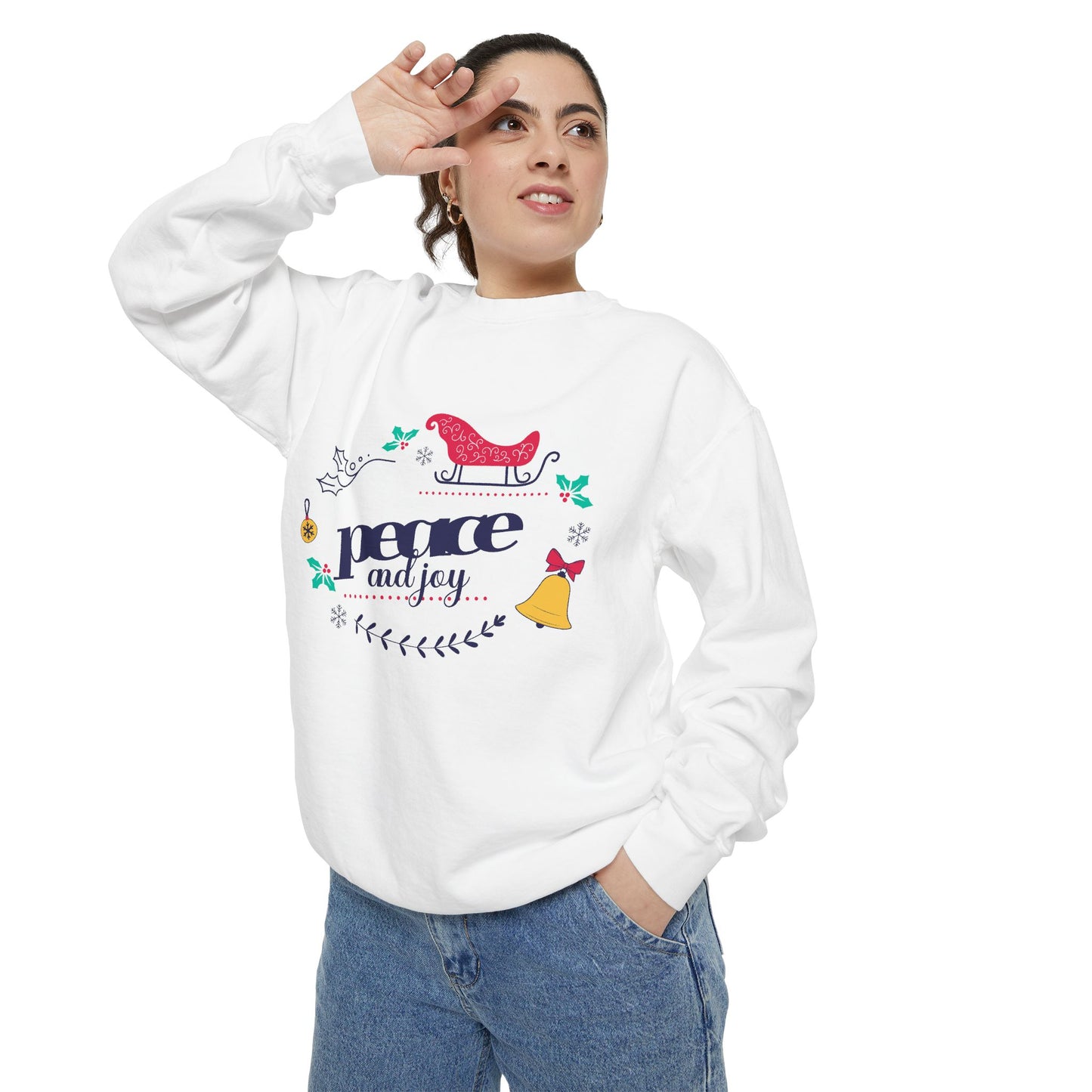 Peace and Joy Sweatshirt – Holiday Dove & Bell Graphic