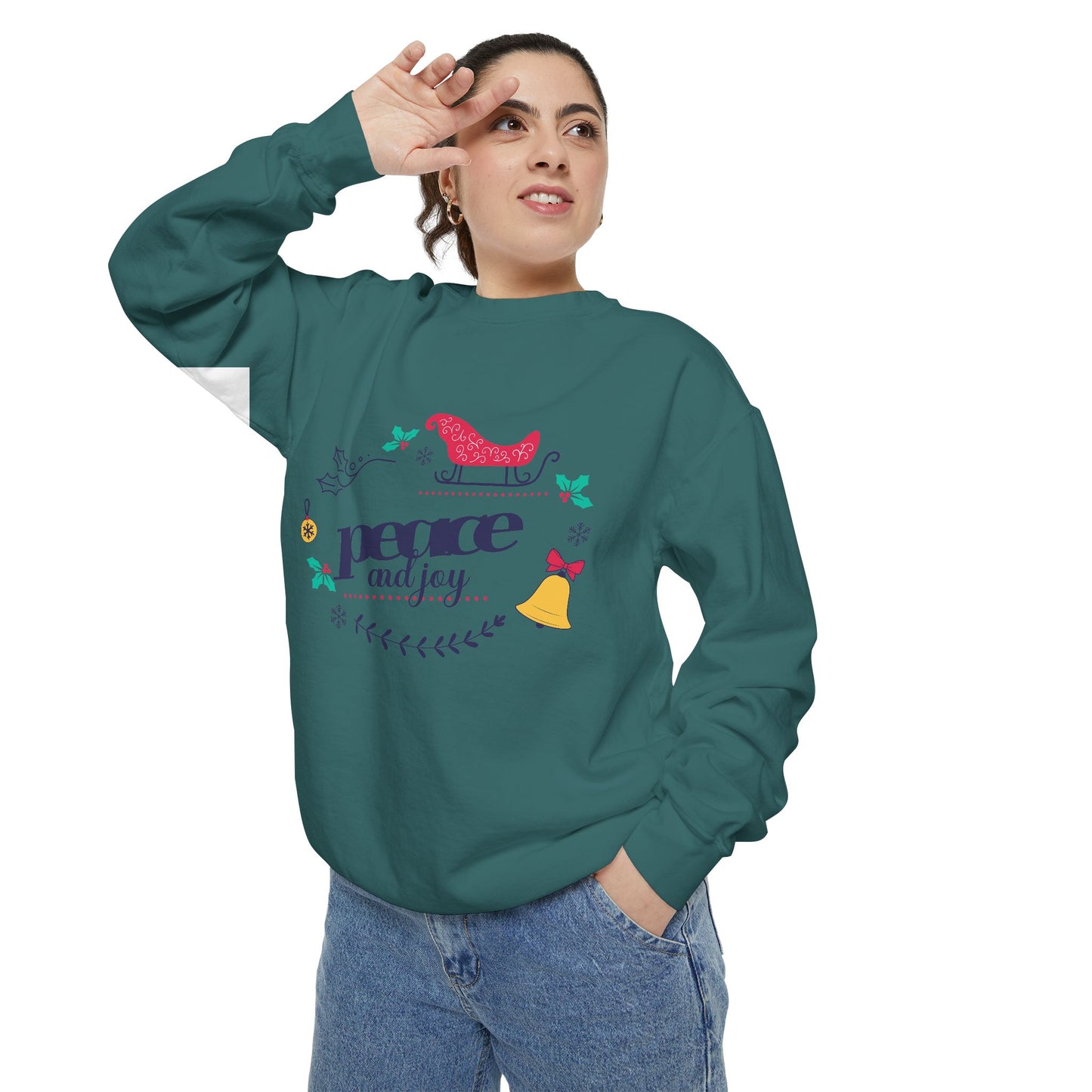 Peace and Joy Sweatshirt – Holiday Dove & Bell Graphic