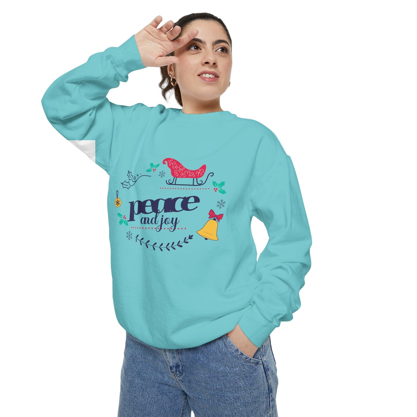 Peace and Joy Sweatshirt – Holiday Dove & Bell Graphic