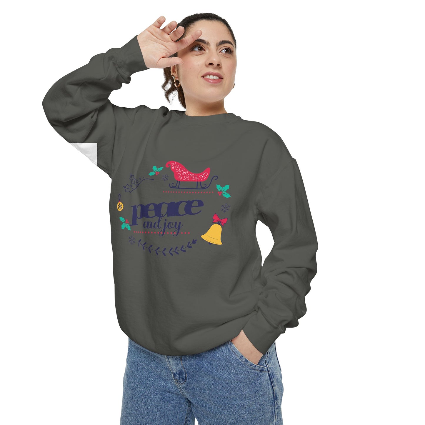Peace and Joy Sweatshirt – Holiday Dove & Bell Graphic
