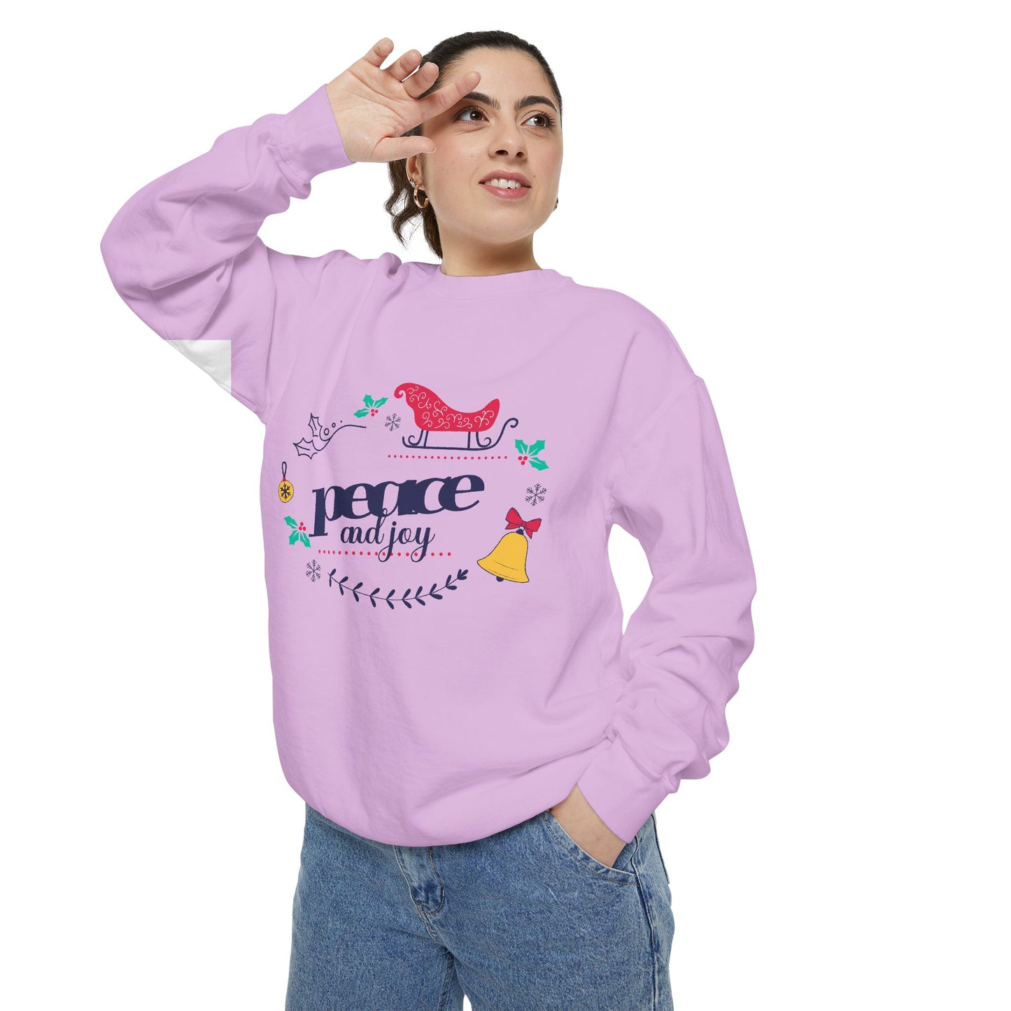 Peace and Joy Sweatshirt – Holiday Dove & Bell Graphic