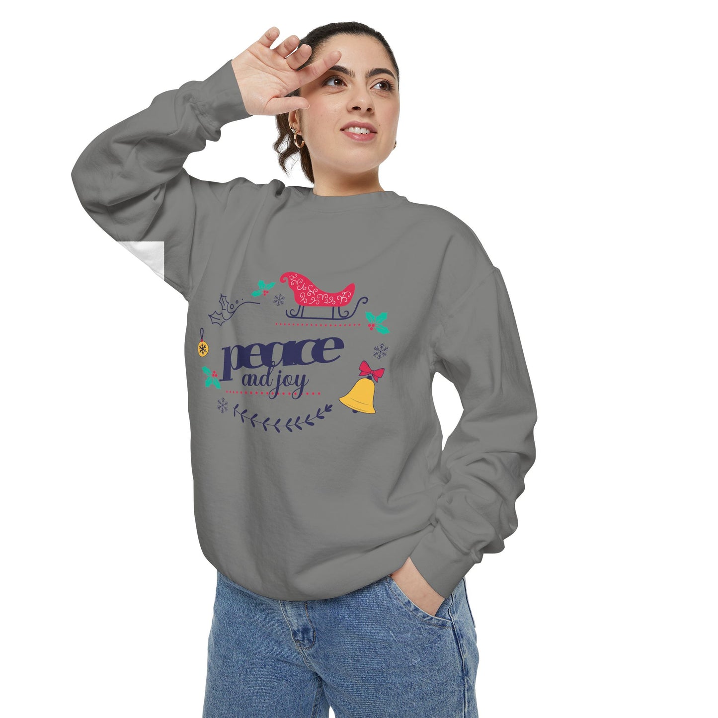 Peace and Joy Sweatshirt – Holiday Dove & Bell Graphic