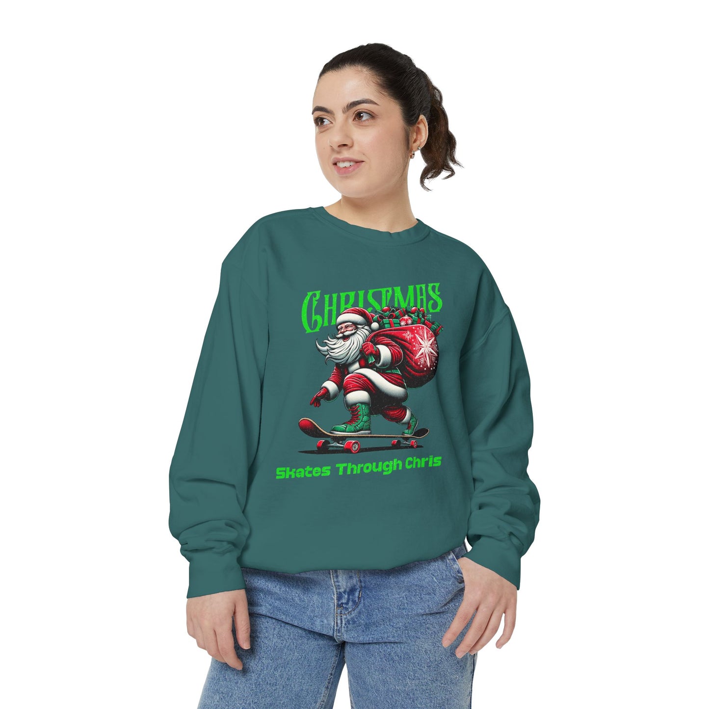 Christmas Skateboard Santa Sweatshirt - "Skates Through Christmas" Holiday Crewneck