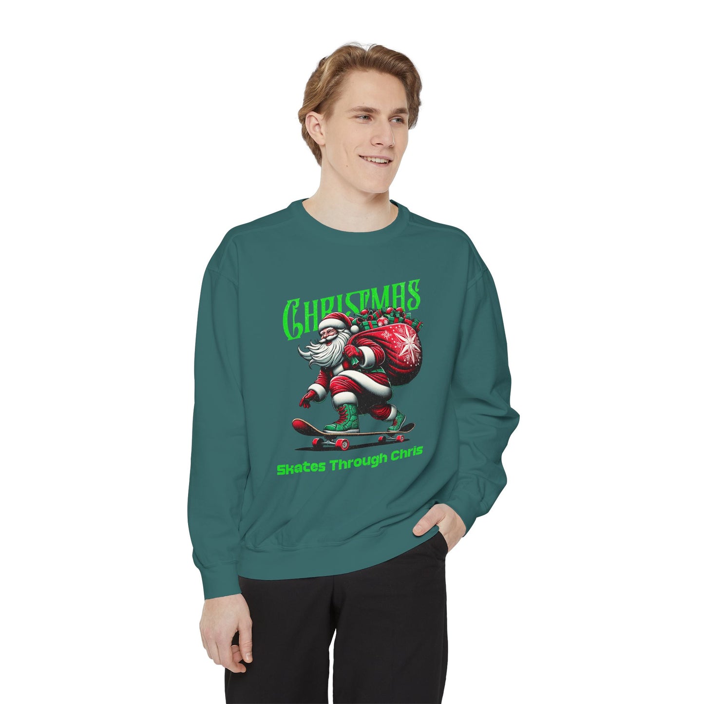 Christmas Skateboard Santa Sweatshirt - "Skates Through Christmas" Holiday Crewneck