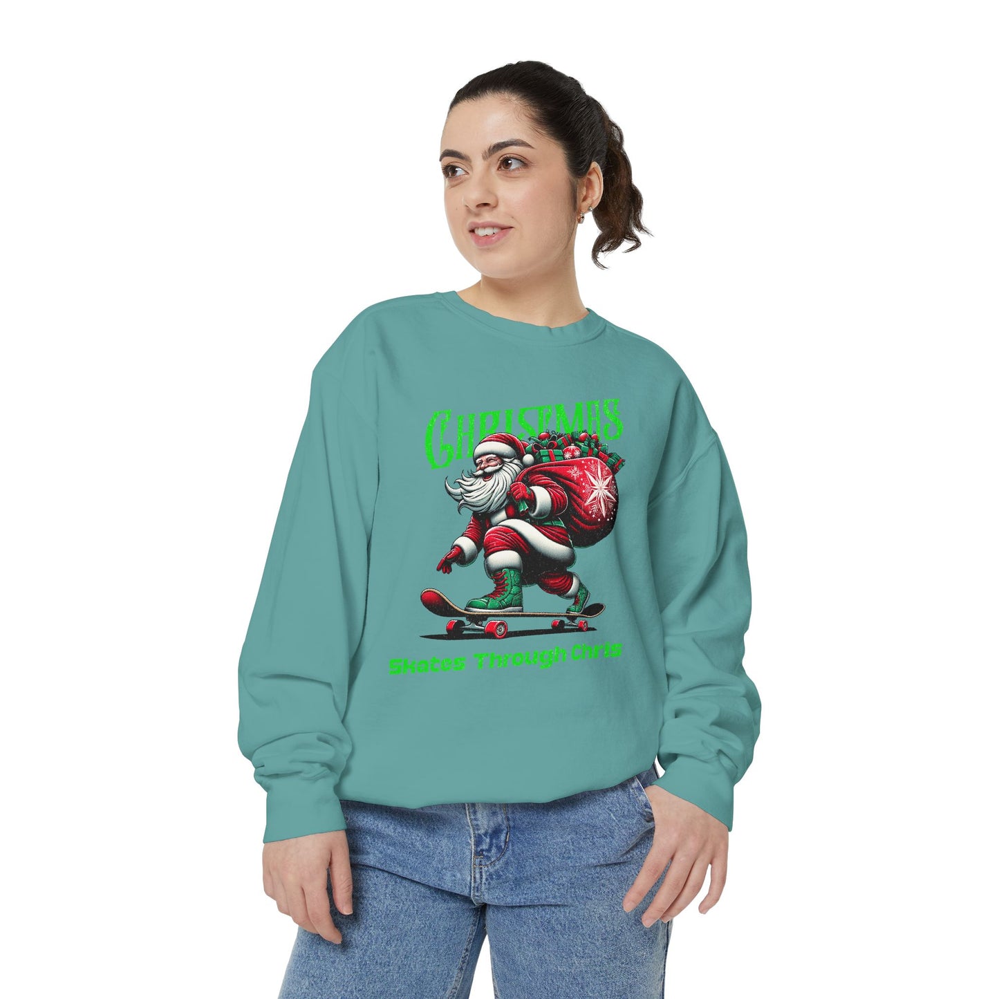 Christmas Skateboard Santa Sweatshirt - "Skates Through Christmas" Holiday Crewneck