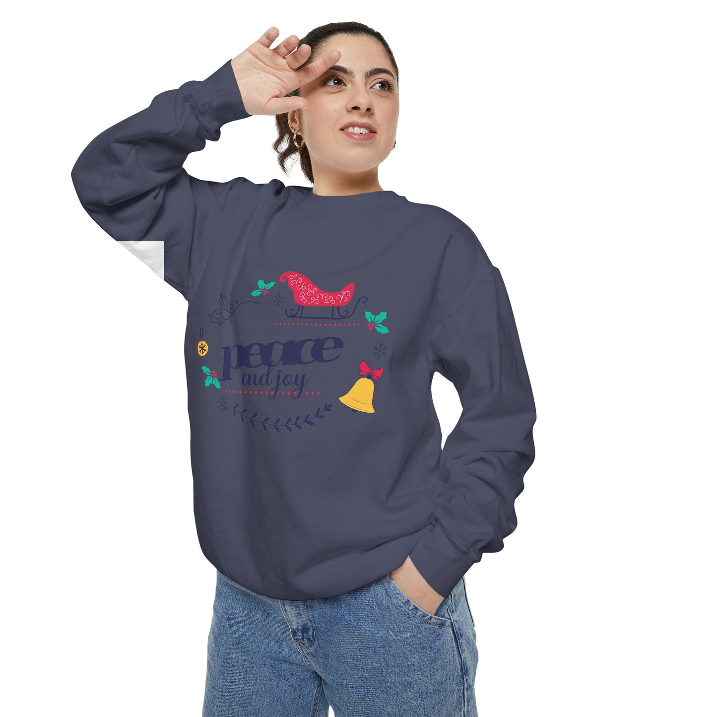 Peace and Joy Sweatshirt – Holiday Dove & Bell Graphic
