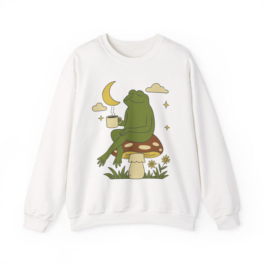 Cozy Frog on Mushroom Sweatshirt — Relaxing Moonlit Tea Crewneck