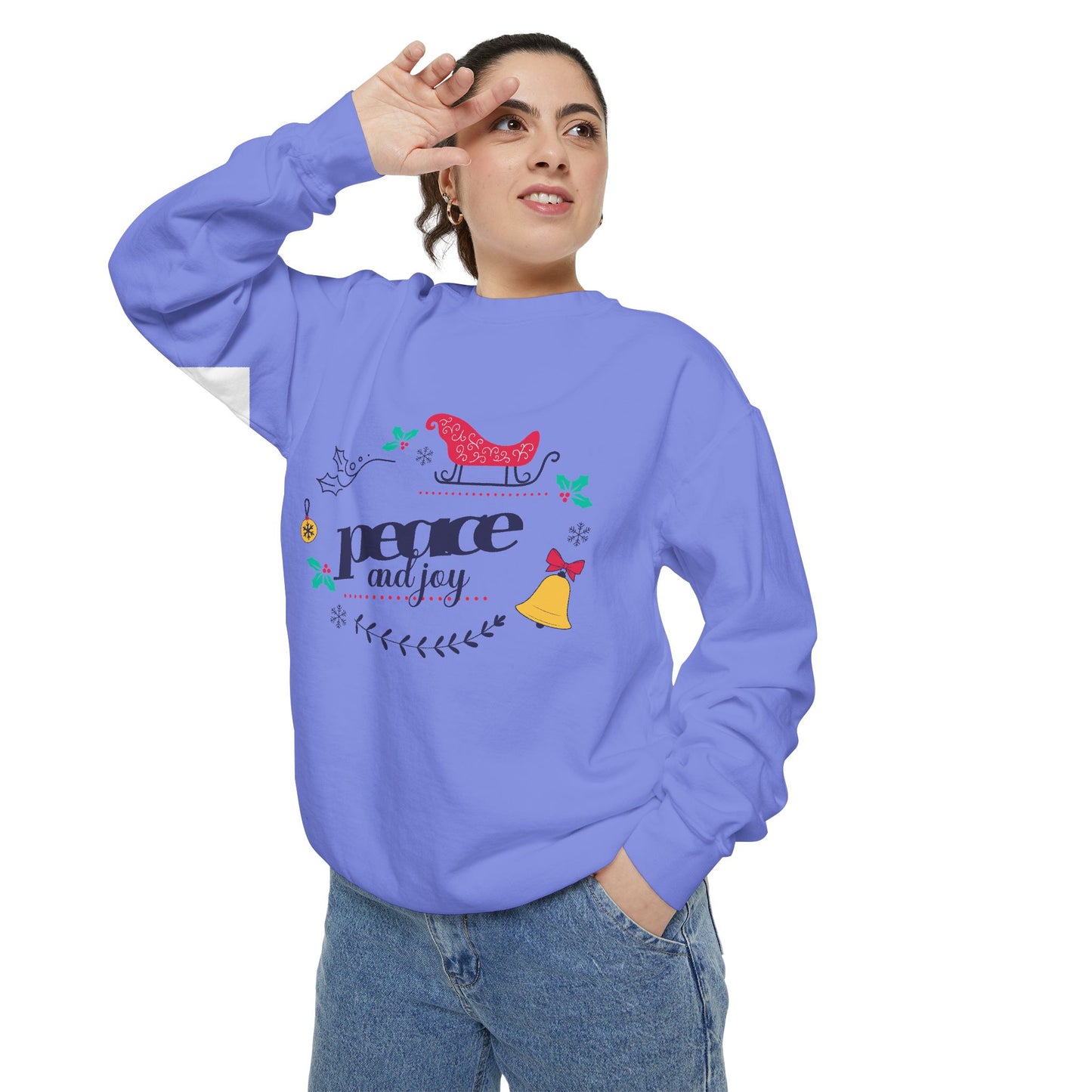 Peace and Joy Sweatshirt – Holiday Dove & Bell Graphic