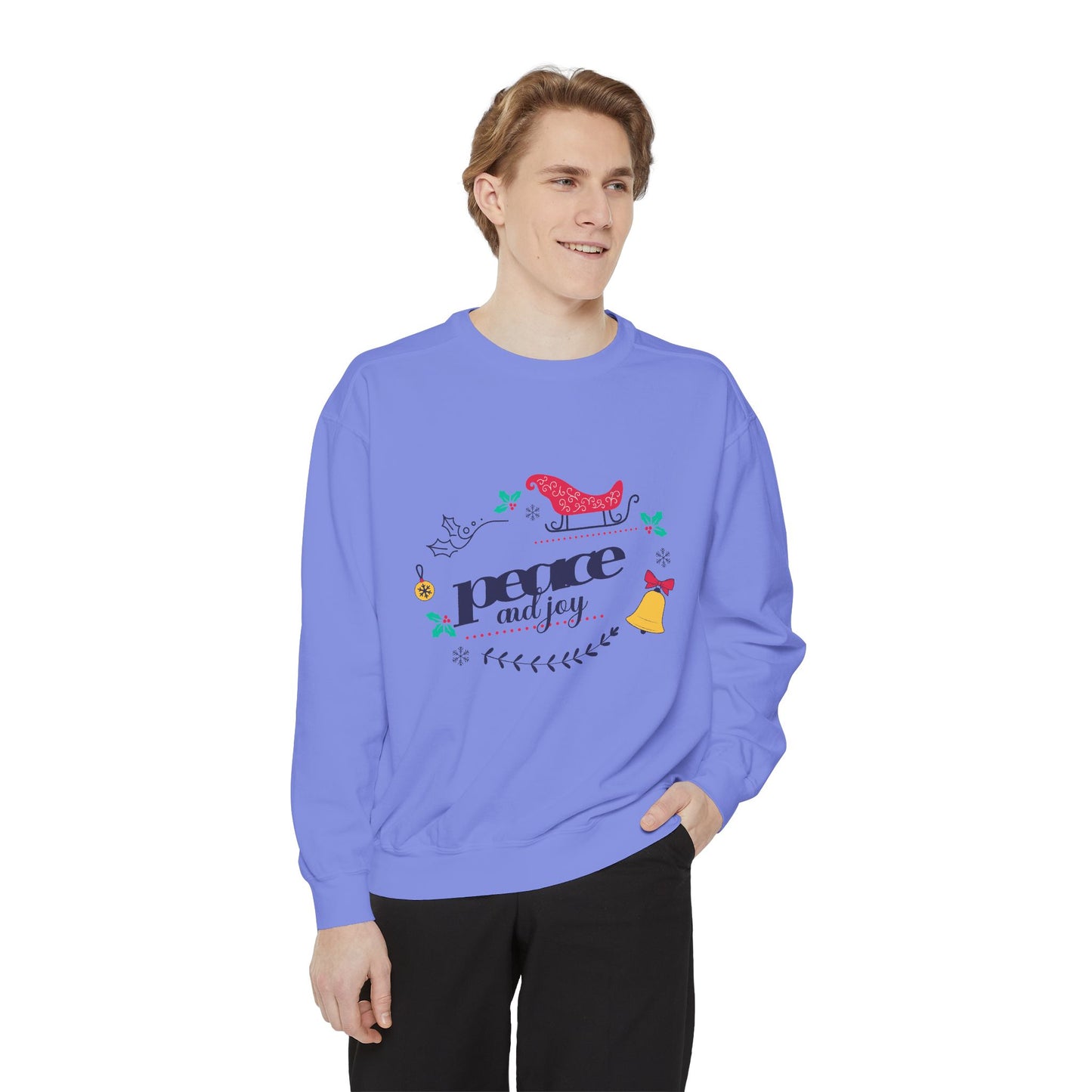 Peace and Joy Sweatshirt – Holiday Dove & Bell Graphic