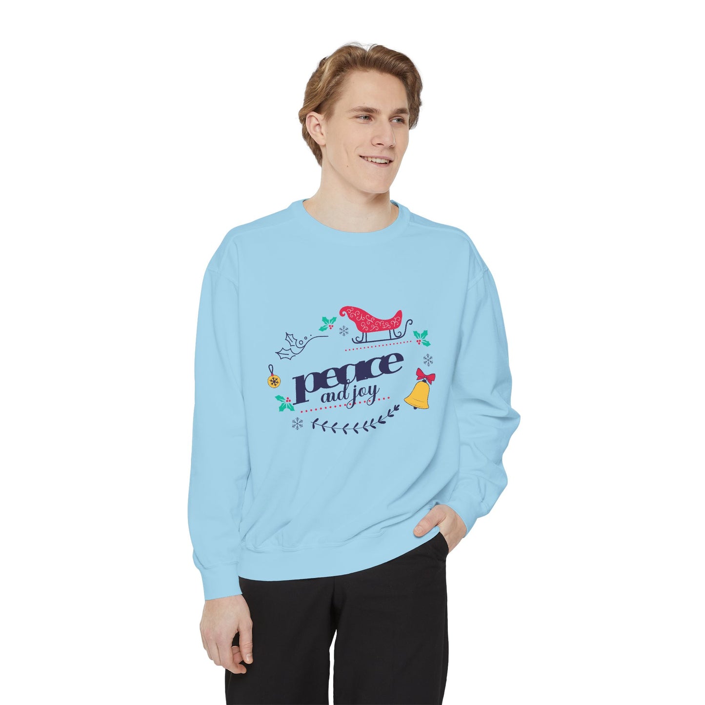 Peace and Joy Sweatshirt – Holiday Dove & Bell Graphic
