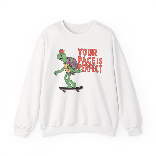 Crewneck Sweatshirt – 'Your Pace Is Perfect' Skateboarding Turtle Graphic