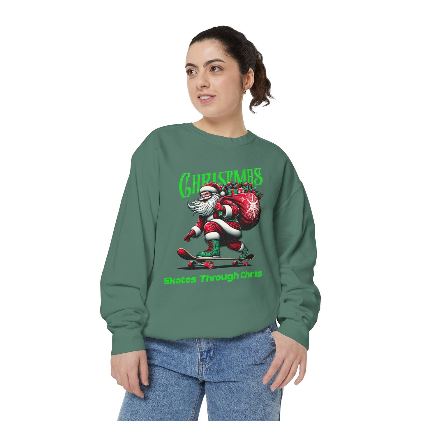 Christmas Skateboard Santa Sweatshirt - "Skates Through Christmas" Holiday Crewneck
