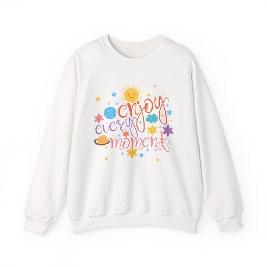 Crewneck Sweatshirt — “Enjoy Every Moment” Colorful Sun & Stars Graphic