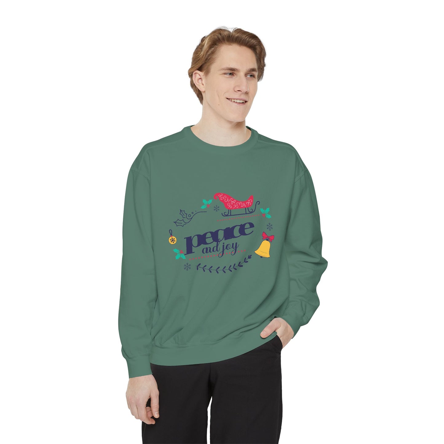 Peace and Joy Sweatshirt – Holiday Dove & Bell Graphic