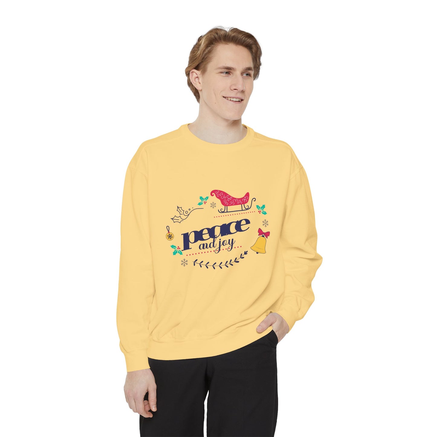 Peace and Joy Sweatshirt – Holiday Dove & Bell Graphic