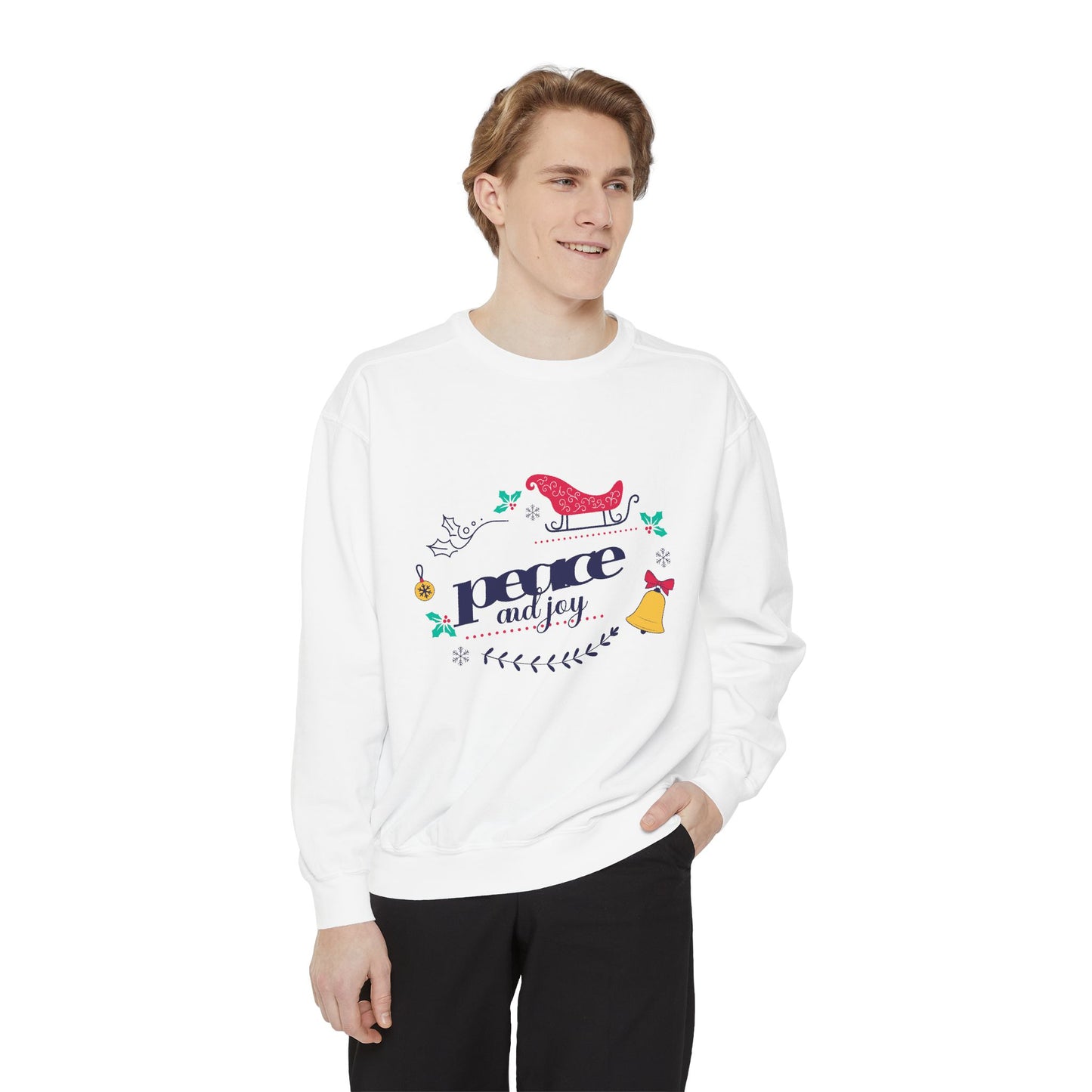 Peace and Joy Sweatshirt – Holiday Dove & Bell Graphic