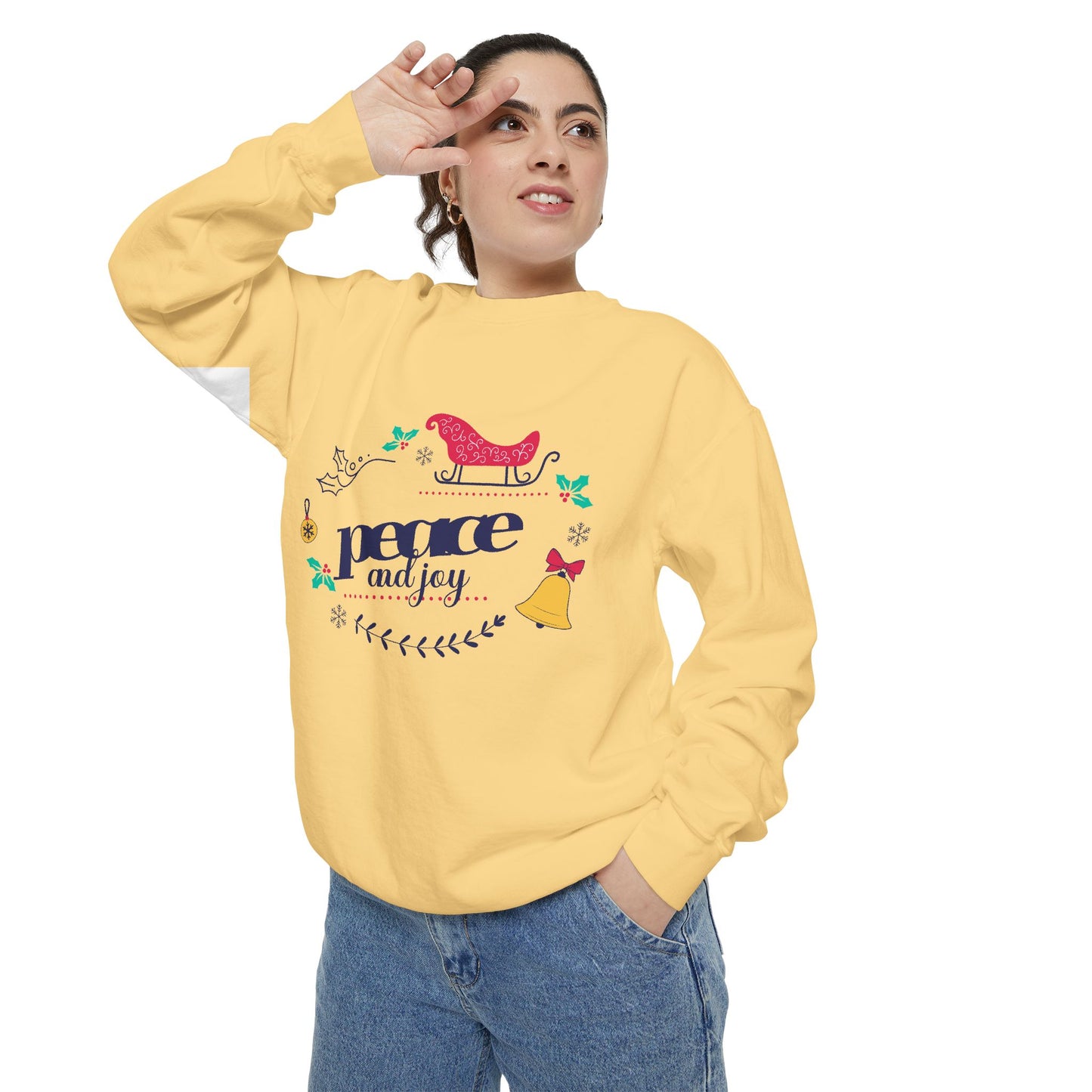 Peace and Joy Sweatshirt – Holiday Dove & Bell Graphic