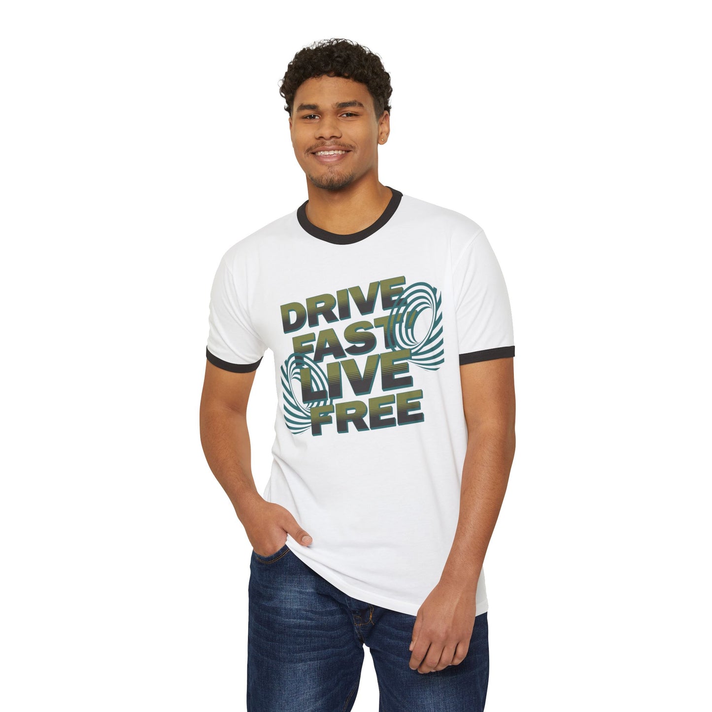 Drive Fast Live Free Ringer T‑Shirt — Retro Racing Graphic Tee