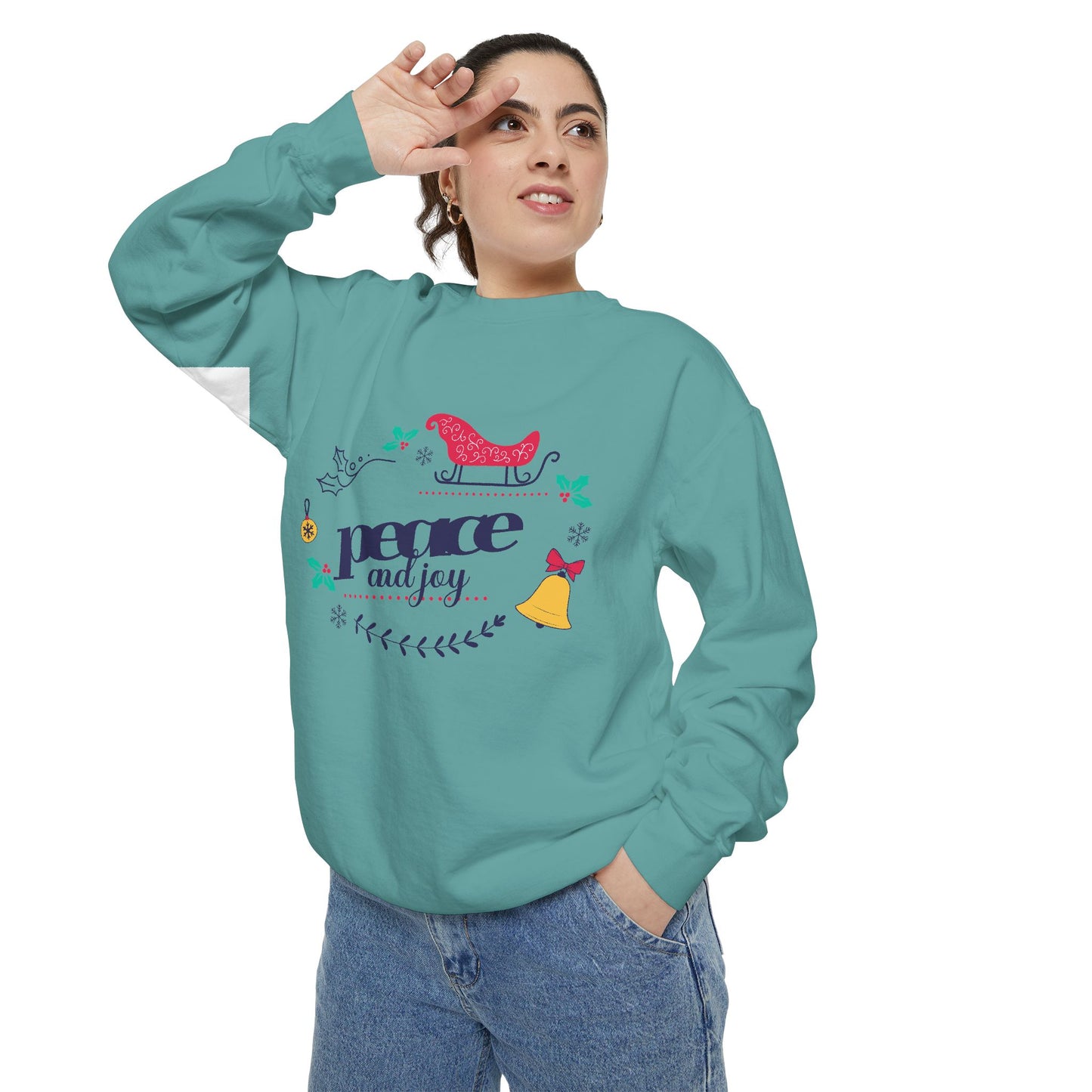 Peace and Joy Sweatshirt – Holiday Dove & Bell Graphic