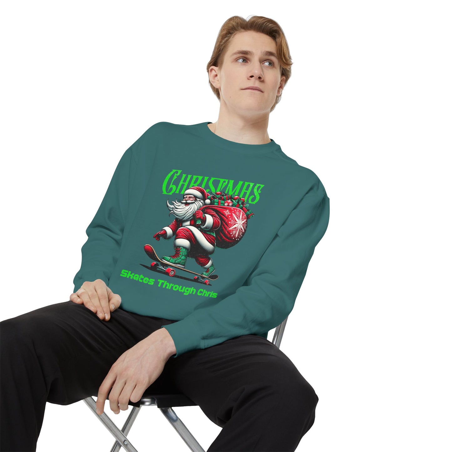 Christmas Skateboard Santa Sweatshirt - "Skates Through Christmas" Holiday Crewneck