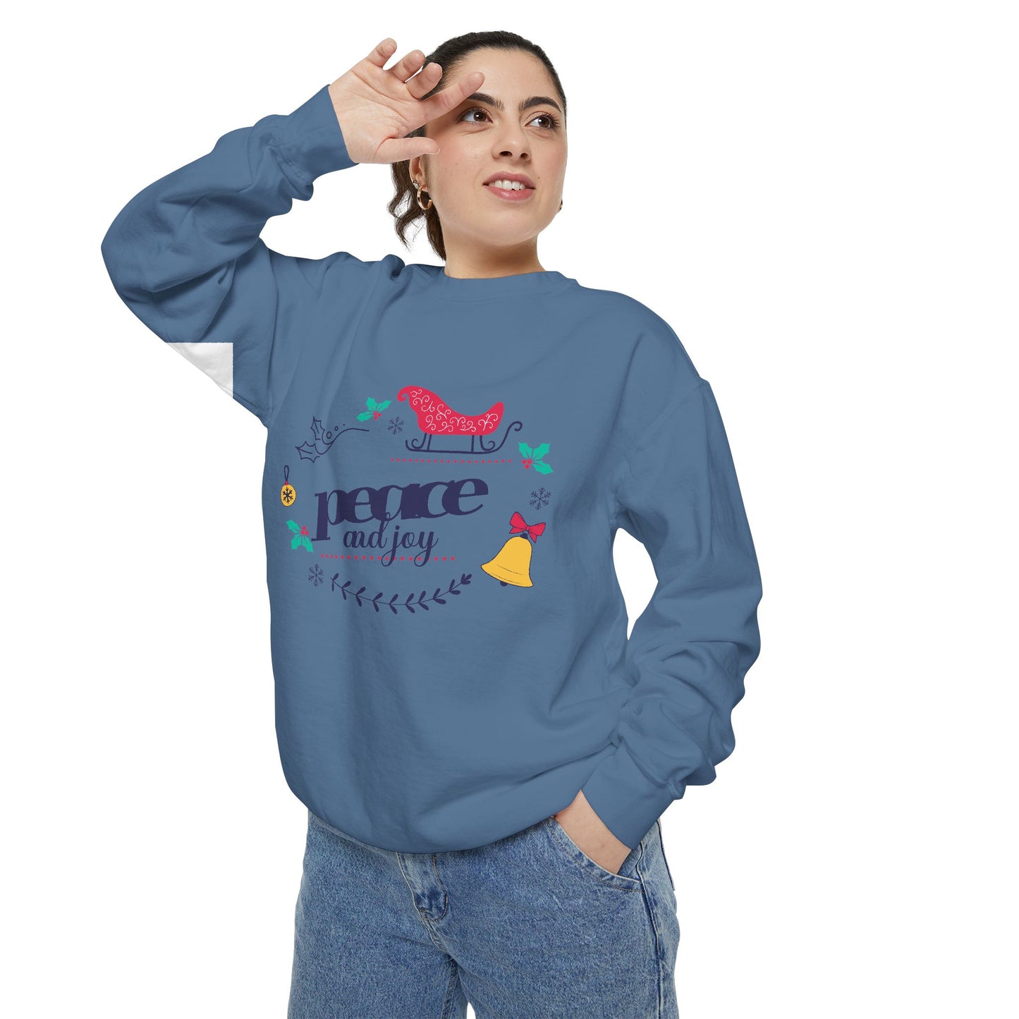 Peace and Joy Sweatshirt – Holiday Dove & Bell Graphic