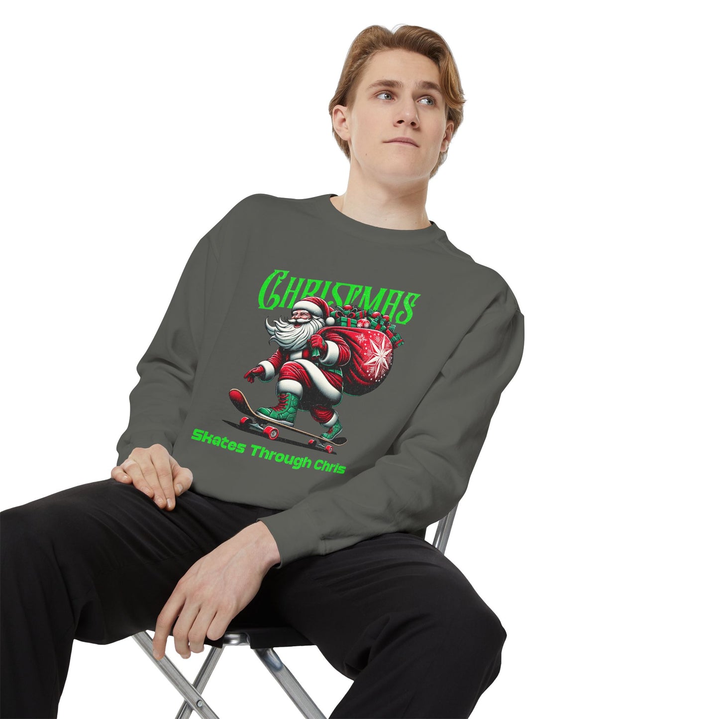 Christmas Skateboard Santa Sweatshirt - "Skates Through Christmas" Holiday Crewneck