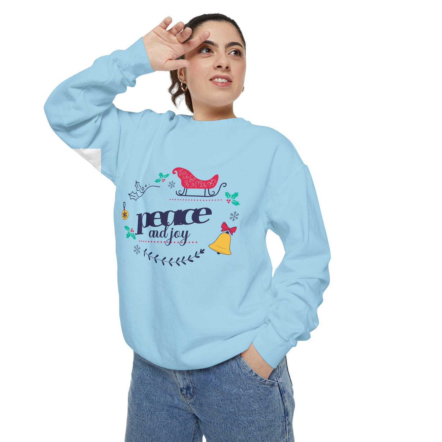 Peace and Joy Sweatshirt – Holiday Dove & Bell Graphic