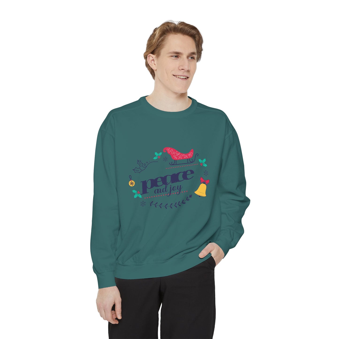 Peace and Joy Sweatshirt – Holiday Dove & Bell Graphic