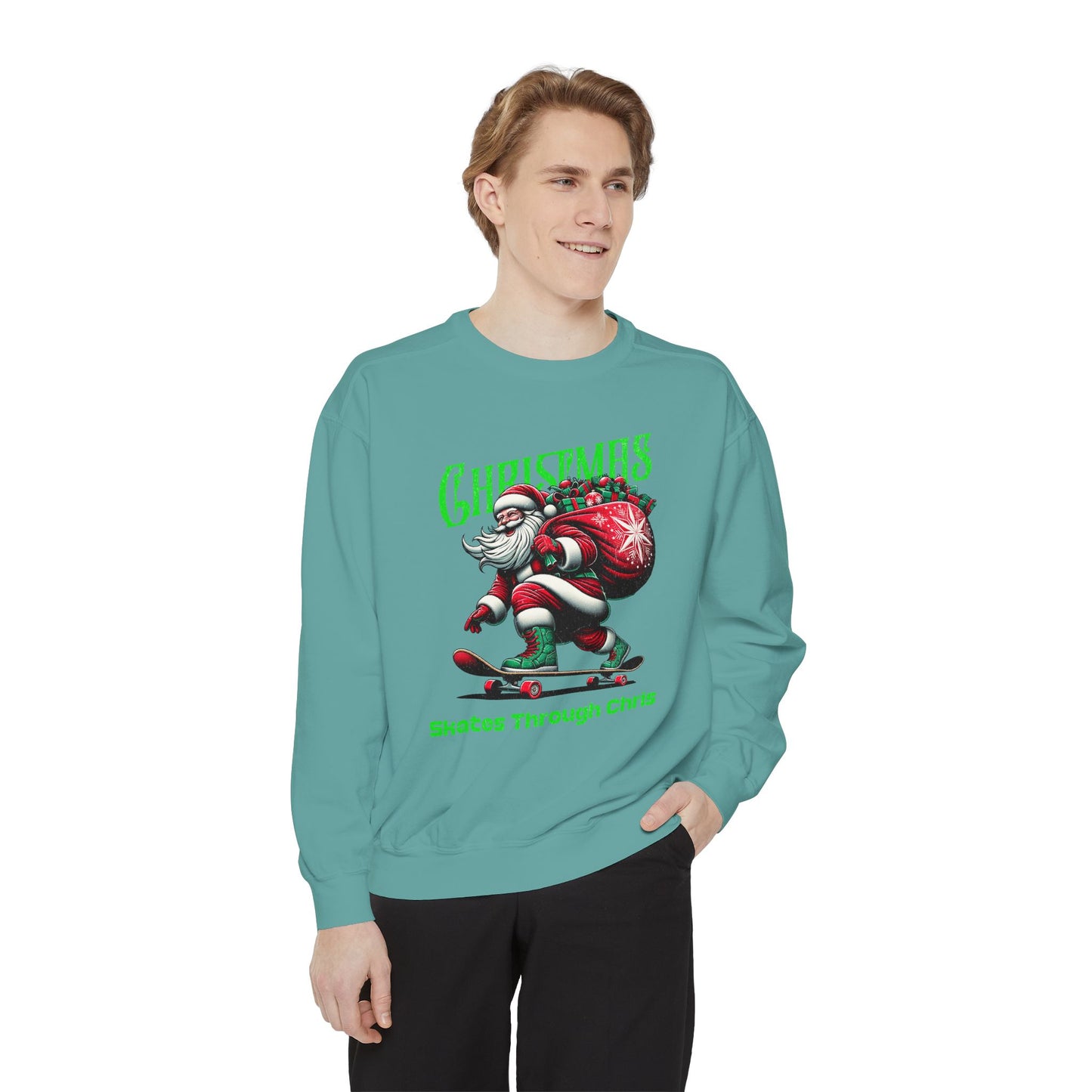 Christmas Skateboard Santa Sweatshirt - "Skates Through Christmas" Holiday Crewneck
