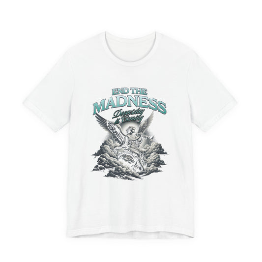 End the Madness Angel Graphic Tee — Vintage Rock-Inspired Short Sleeve Shirt