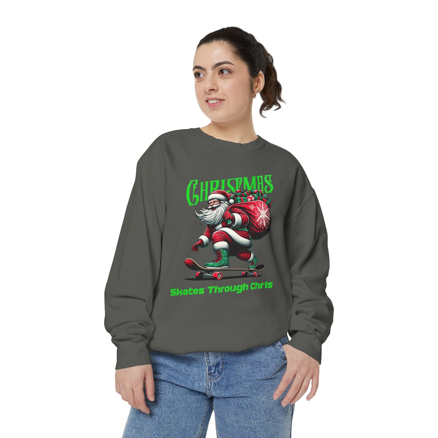 Christmas Skateboard Santa Sweatshirt - "Skates Through Christmas" Holiday Crewneck