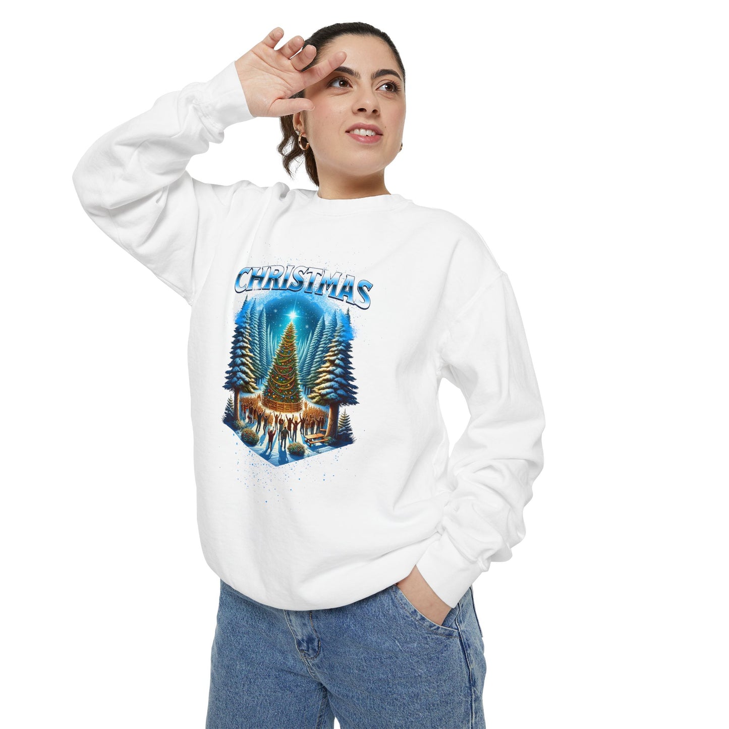 Christmas Forest Sweatshirt — Cozy Holiday Tree & Deer Crewneck