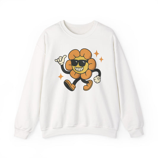 Retro Smiling Flower Crewneck Sweatshirt — Cool Cartoon Floral Graphic