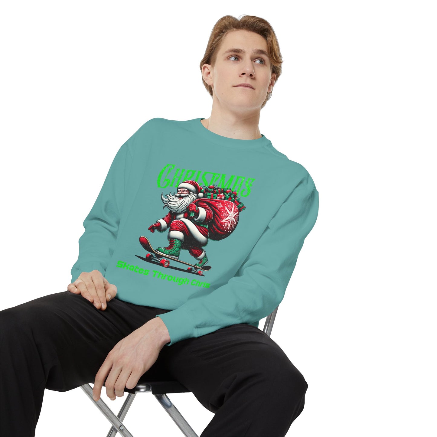 Christmas Skateboard Santa Sweatshirt - "Skates Through Christmas" Holiday Crewneck